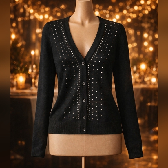 Alison Sheri Sweaters - Alison Sheri Black Embellished Cardigan – Sparkle Studs – Size S/P